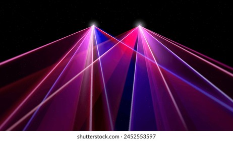 Laser light show. Bright led laser beams, dj light party. LED strobe lights, illuminated red pink blue stage. Background, backdrop for displaying products. Vector illustration