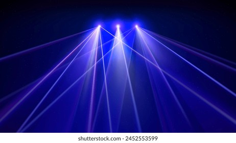 Laser light show. Bright led laser beams, dj light party. Illuminated blue stage, led strobe lights. Background, backdrop for displaying products. Vector illustration