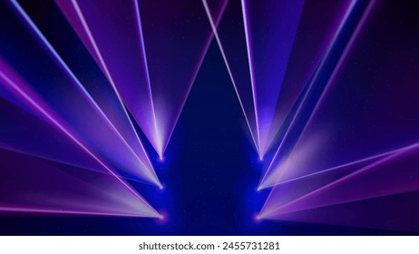 Laser light show. Bright led laser beams, dj light party, led strobe lights. Illuminated blue pink stage. Stage lighting effect. Background, backdrop for displaying products. Vector illustration