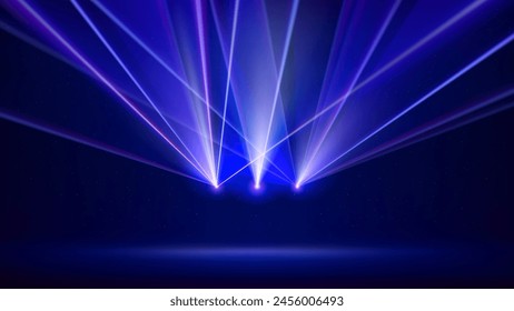 Laser light show. Bright led laser beams, dj light party. Illuminated blue stage, led strobe lights. Background, backdrop for displaying products. Vector illustration