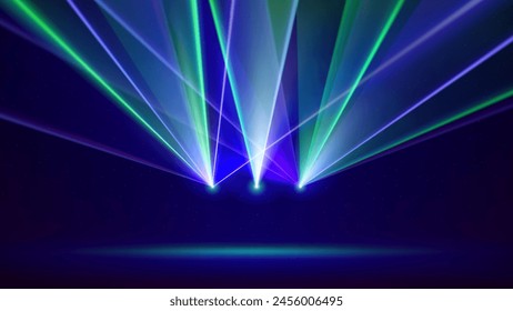 Laser light show. Bright led laser beams, dj light party. Illuminated blue green stage, led strobe lights. Background, backdrop for displaying products. Vector illustration