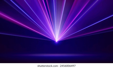 Laser light show. Bright led laser beams, dj light party. Illuminated blue pink stage, led strobe lights. Background, backdrop for displaying products. Vector illustration