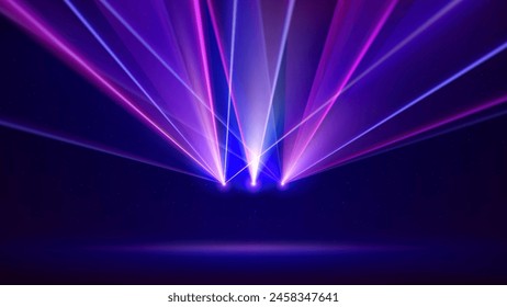 Laser light show. Bright led laser beams, dj light party. Illuminated blue pink stage, led strobe lights. Background, backdrop for displaying products. Vector illustration