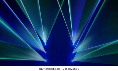 Laser light show. Bright led laser beams, dj light party. Illuminated blue green stage, led strobe lights. Stage lighting effect. Background, backdrop for displaying products. Vector illustration