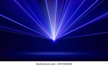 Laser light show. Bright led laser beams, dj light party. Illuminated blue stage, led strobe lights. Background, backdrop for displaying products. Vector illustration