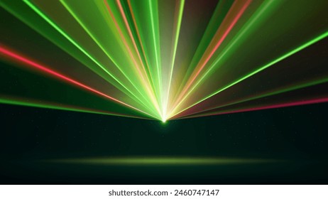 Laser light show. Bright led laser beams, dj light party. Green illuminated stage, red led strobe lights. Background, backdrop for displaying products. Vector illustration