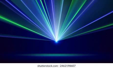 Laser light show. Bright led laser beams, dj light party. Illuminated blue green stage, led strobe lights. Background, backdrop for displaying products. Vector illustration