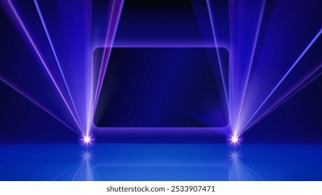 Mostra de luz a laser. Luz de laser LED brilhante e tela para apresentação. Iluminado palco azul, levou luzes estroboscópicas. Plano de fundo, plano de fundo para exibir produtos e texto. Ilustração vetorial