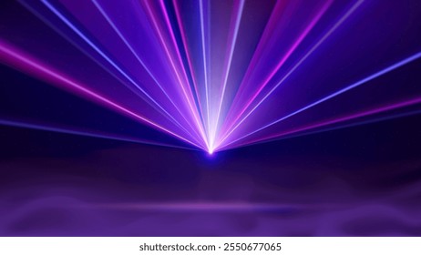 Laser light show. Bright led laser beams, dj light party. Illuminated blue purple stage, led strobe lights, smoke. Background, backdrop for displaying products. Vector illustration