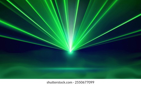 Mostra de luz a laser. Brilhante levou raios laser, fumaça, festa luz dj. palco iluminado azul, luzes estroboscópicas conduzidas verdes. Plano de fundo, plano de fundo para exibir produtos. Ilustração vetorial