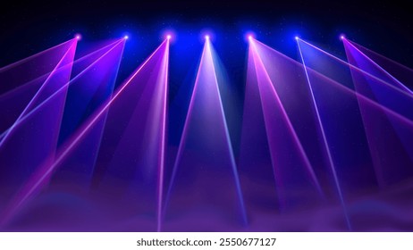 Laser light show. Bright led laser beams, dj light party, smoke. Illuminated blue pink stage, led strobe lights. Background, backdrop for displaying products. Vector illustration