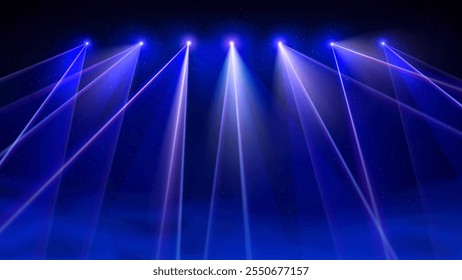 Espectáculo de luz láser. Brillantes rayos láser led, humo, fiesta de luz dj. Escenario azul iluminado, luces estroboscópicas led. Fondo azul, telón de fondo para mostrar productos. Ilustración vectorial