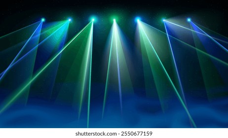 Espectáculo de luz láser. Brillantes rayos láser led, fiesta de luz dj, humo. Escenario verde azul iluminado, luces estroboscópicas led. Fondo, telón de fondo para mostrar productos. Ilustración vectorial