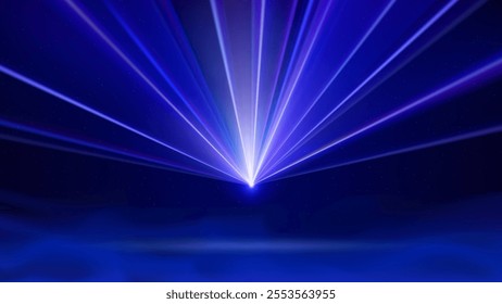 Laser light show. Bright led laser beams, dj light party. Illuminated blue stage, led strobe lights, smoke. Blue background, backdrop for displaying products. Vector illustration