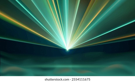 Laser light show. Bright led laser beams, dj light party. Cyan illuminated stage, yellow gold led strobe lights, smoke. Background, backdrop for displaying products. Vector illustration