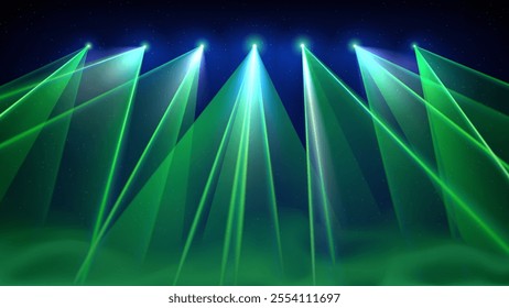 Laser light show. Bright led laser green beams, smoke, dj light party. Green led strobes on a blue lit stage. Background, backdrop for displaying products, image montage. Vector illustration