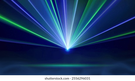 Laser light show. Bright led laser beams, smoke, dj light party. Illuminated blue green stage, led strobe lights. Background, backdrop for displaying products. Vector illustration