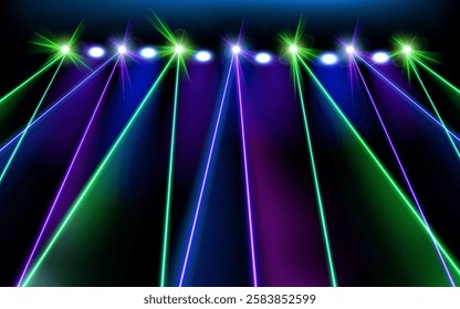 Laser light show. Bright led laser beams. Illuminated neon blue purple green rays stage, led strobe lights. Background, backdrop for displaying products. Spotlight disco vector illustration