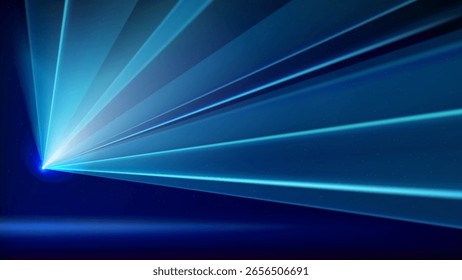 Laser light show. Bright led laser beams, dj light party. Illuminated blue stage, led strobe lights. Background, backdrop for displaying products. Vector illustration