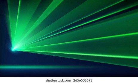 Espectáculo de luz láser. Brillantes rayos láser led, fiesta de luz dj. Escenario iluminado azul, luces estroboscópicas led verdes. Fondo, telón de fondo para mostrar productos. Ilustración vectorial