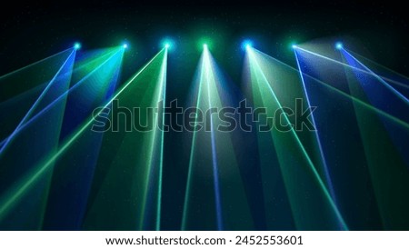 Laser light show. Bright led laser beams, dj light party. Illuminated blue green stage, led strobe lights. Background, backdrop for displaying products. Vector illustration