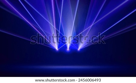 Laser light show. Bright led laser beams, dj light party. Illuminated blue stage, led strobe lights. Background, backdrop for displaying products. Vector illustration
