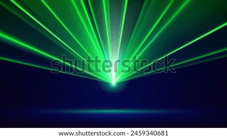 Laser light show. Bright led laser beams, dj light party. Blue illuminated stage, green led strobe lights. Background, backdrop for displaying products. Vector illustration