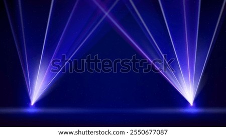 Laser light show. Bright led laser beams, dj light party. Template. Illuminated blue stage, led strobe lights. Stage lighting effect. Background, backdrop for displaying products. Vector illustration