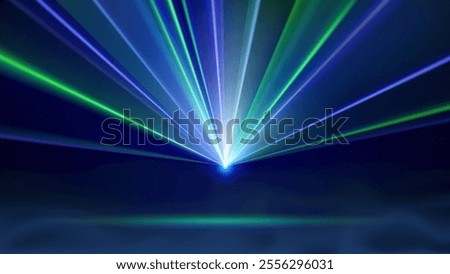 Laser light show. Bright led laser beams, smoke, dj light party. Illuminated blue green stage, led strobe lights. Background, backdrop for displaying products. Vector illustration