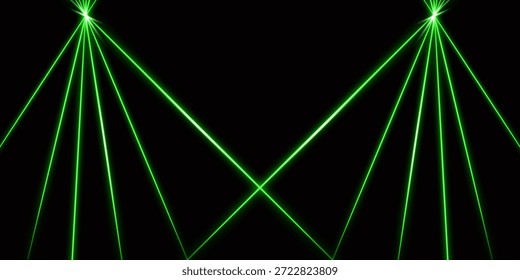 Espectáculo de luz láser. Rayos láser verdes, rayas brillantes. Efecto de luz brillante.  Ilustración vectorial Abstractas aislada sobre fondo negro.