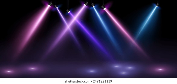 Laser light show. Stage lighting with LED strobes. Empty stage before the performance. Spotlights on a dark background. Vector illustration.