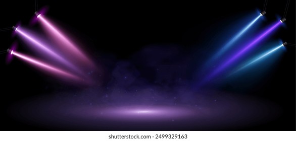 Laser light show. Stage lighting with LED strobes. Empty stage before the performance. Spotlights on a dark background. Vector illustration. Adobe Illustrator Artwork	
