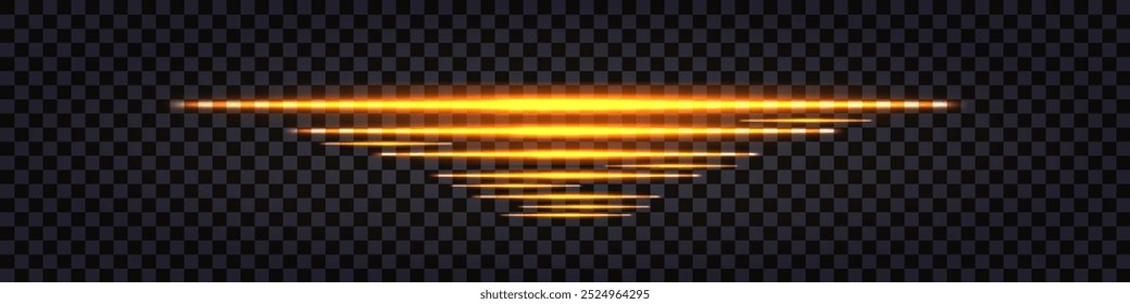 Laser light stick, neon glowing light, golden yellow beams, LED effect. Luminous shiny lines isolated on dark transparent background. Vector illustration