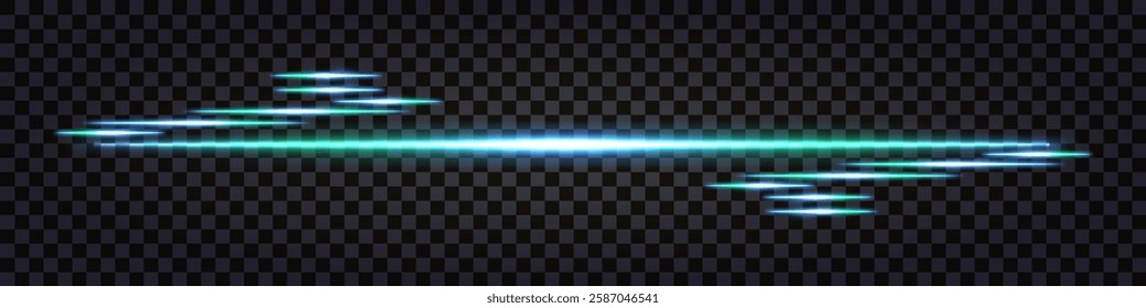 Laser light sticks, neon glowing light, teal streaks, lightning thunder bolt.  Technology luminous elements, border divider. Isolated vector on dark transparent background