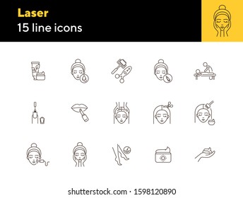 Laser line icon set. Cream, hairdressing, makeup, injection. Beauty care concept. Can be used for topics like skin care, female face, beauty salon