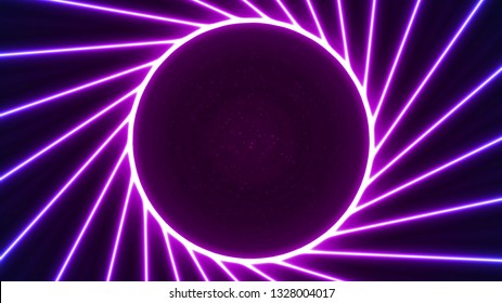 Laser line vector illustration. Neon powerful beams creates a circular area in the center for your text, copy space. Modern pink purple background.