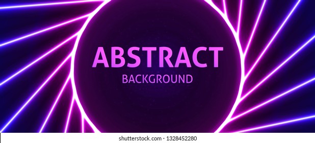 Laser line vector illustration. Neon powerful beams creates a circular area in the center for your text, copy space. Modern pink purple background.