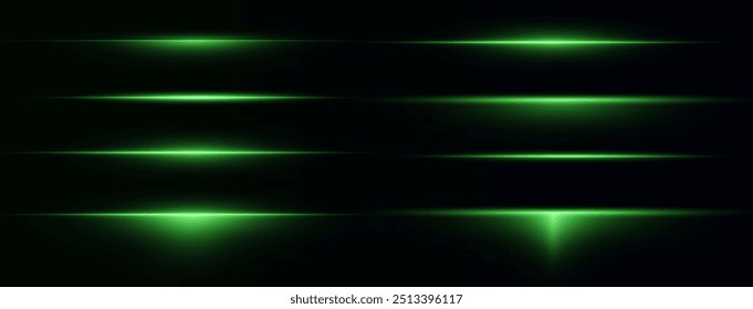 Laser lines of light. Horizontal neon light. Neon green horizontal speed lines. Glowing stripes. Laser beams. light lines of movement and speed in neon color.Beautiful flash of light and sparks.