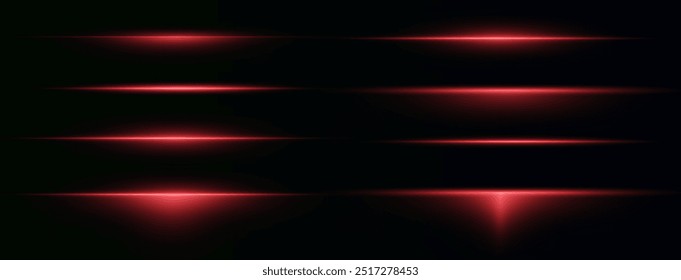 Linhas laser de luz. Luz neon horizontal. Linhas de velocidade horizontal vermelhas de néon. Listras brilhantes. Feixes de laser. linhas de luz de movimento e velocidade em cor neon. Lindo flash de luz e faíscas.