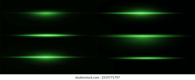 Laser lines of light. Horizontal neon light. Neon green horizontal speed lines. Glowing stripes. Laser beams. light lines of movement and speed in neon color.Beautiful flash of light and sparks.