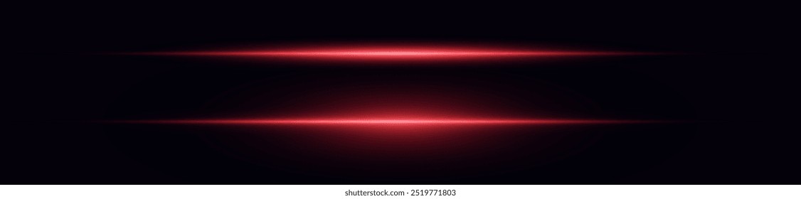 Laser lines of light. Horizontal neon light. Neon red horizontal speed lines. Glowing stripes. Laser beams. light lines of movement and speed in neon color. Beautiful flash of light and sparks.