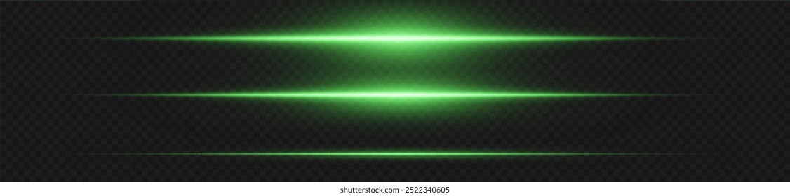 Laser lines of light. Horizontal neon light. Neon green horizontal speed lines. Glowing stripes. Laser beams. light lines of movement and speed in neon color.Beautiful flash of light and sparks.