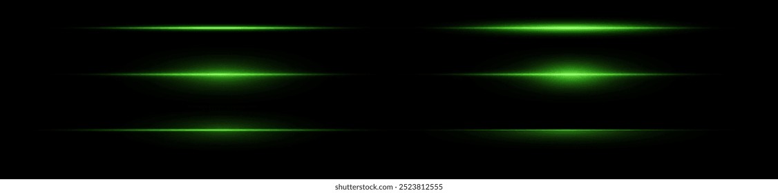 Líneas de luz láser. Horizontal luz de neón. Líneas de velocidad Horizontal verde neón. Rayas brillantes. Rayos láser. líneas de luz de movimiento y velocidad en color neón. Hermoso destello de luz y chispas.
