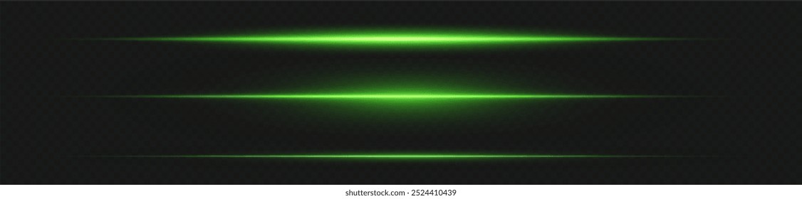 Laser lines of light. Horizontal neon light. Neon green horizontal speed lines. Glowing stripes. Laser beams. light lines of movement and speed in neon color. Beautiful flash of light and sparks.