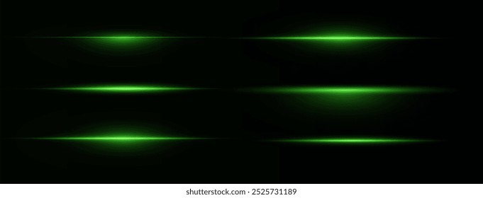 Laser lines of light. Horizontal neon light. Neon green horizontal speed lines. Glowing stripes. Laser beams. light lines of movement and speed in neon color. Beautiful flash of light and sparks.