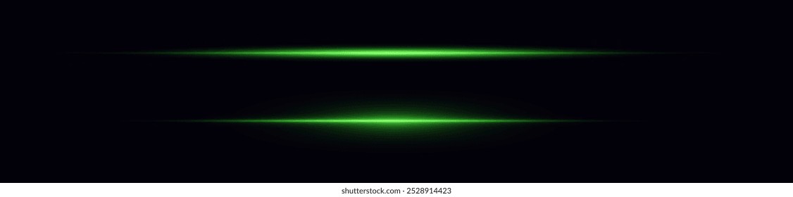 Laser lines of light. Horizontal neon light. Neon green horizontal speed lines. Glowing stripes. Laser beams. light lines of movement and speed in neon color. Beautiful flash of light and sparks.