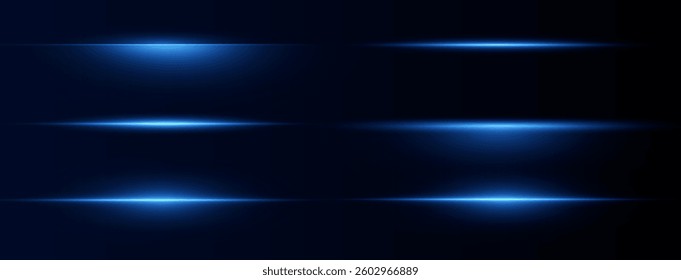 Laser lines of light. Horizontal neon light. Neon blue horizontal speed lines. Glowing stripes. Laser beams. light lines of movement and speed in neon color.Beautiful flash of light and sparks.	
