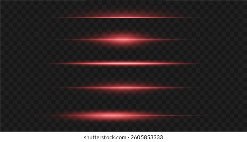 Laser lines of light. Horizontal neon light. Neon red horizontal speed lines. Glowing stripes. Laser beams. light lines of movement and speed in neon color. Beautiful flash of light and sparks.