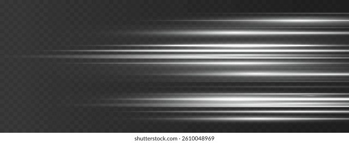 Laser lines of light. Horizontal neon light. Neon horizontal speed lines. Glowing stripes. Laser beams