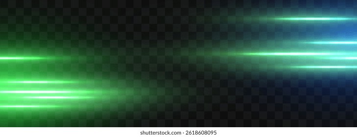 Laser lines of light. Horizontal neon light. Neon horizontal speed lines. Glowing stripes. Laser beams. Flash of light and sparks. Vector illustration